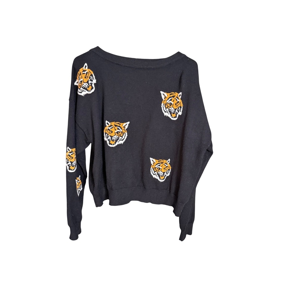 Lala Tiger Head Graphic Knit Sweater Black Size L